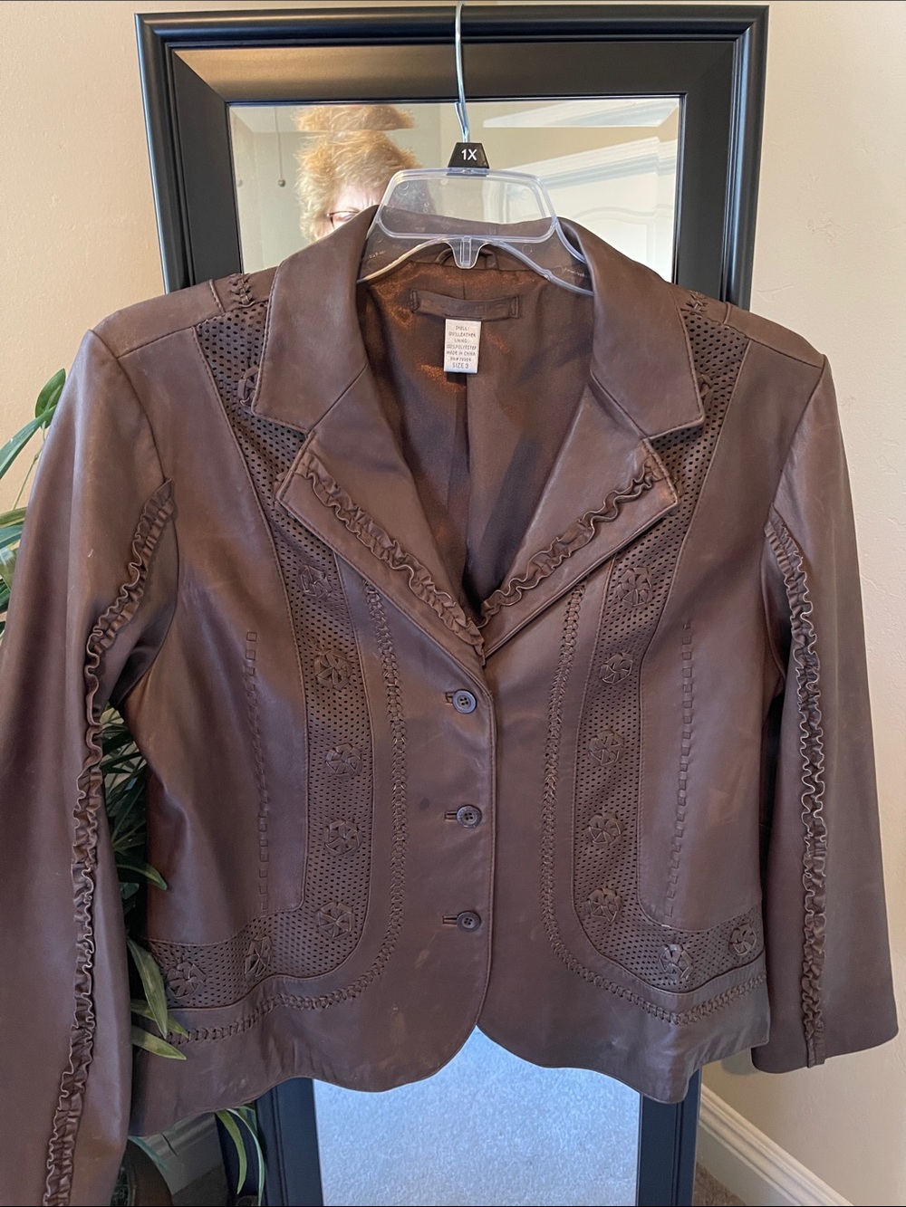 Chico's Brown Ruffled Leather Blazer